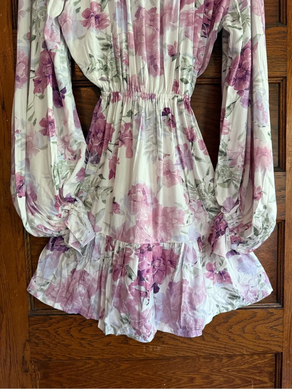 NWT BALI ELF Balloon Sleeve Ruffle V Neck Mini Dress Flowy Floral Alice US M - Picture 14 of 16